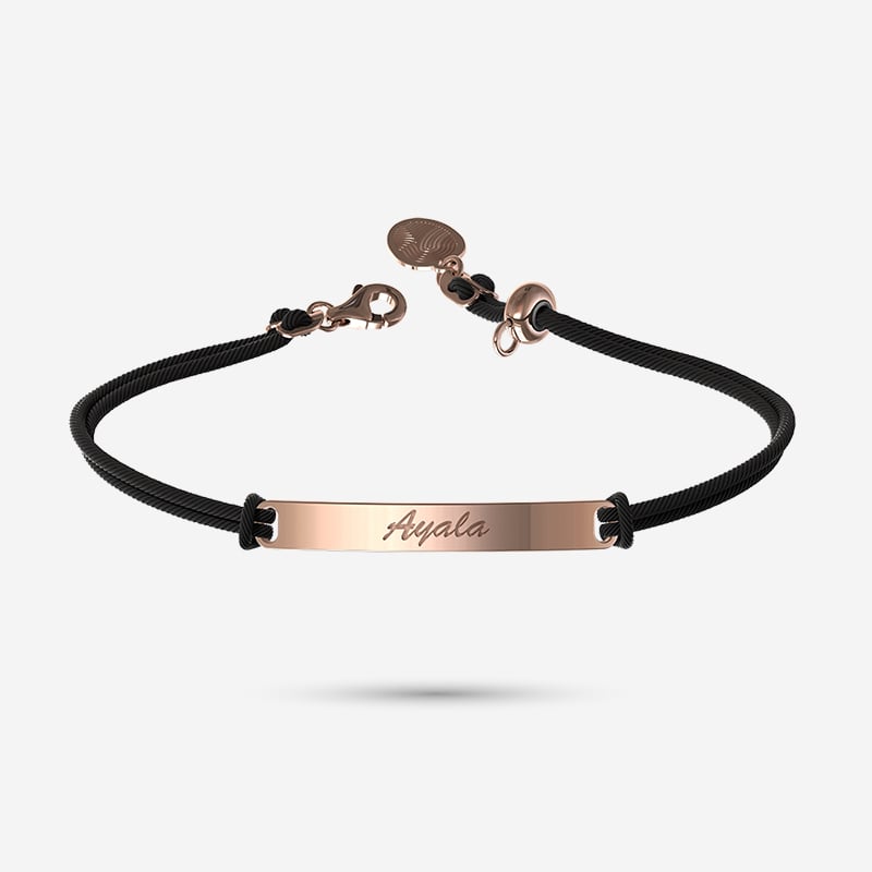 Rose Gold Bar Bracelet on Black Satin Cord by Memi Jewellery