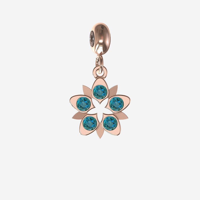 Blue Zircon Crystal Flower Charm in Rose Gold by Memi Jewellery