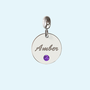 Custom Engraved Charm in Silver with February Birthstone