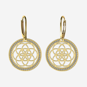 9k Gold seed of life earrings surrounded by hand set natural diamonds