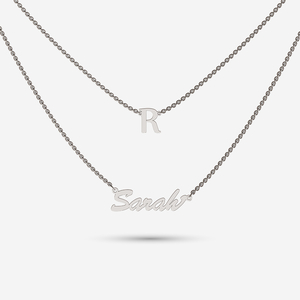 Layered initial and name necklace in Sterling silver