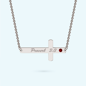 Personalised Sterling silver sideways cross necklace with a January birthstone