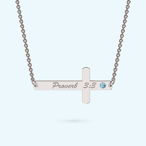 Personalised Sterling silver sideways cross necklace with a March birthstone