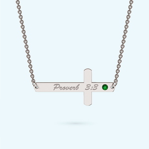 Personalised Sterling silver sideways cross necklace with a May birthstone