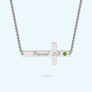 Personalised Sterling silver sideways cross necklace with a August birthstone